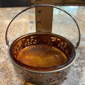Vintage depression glass candy dish with metal holder